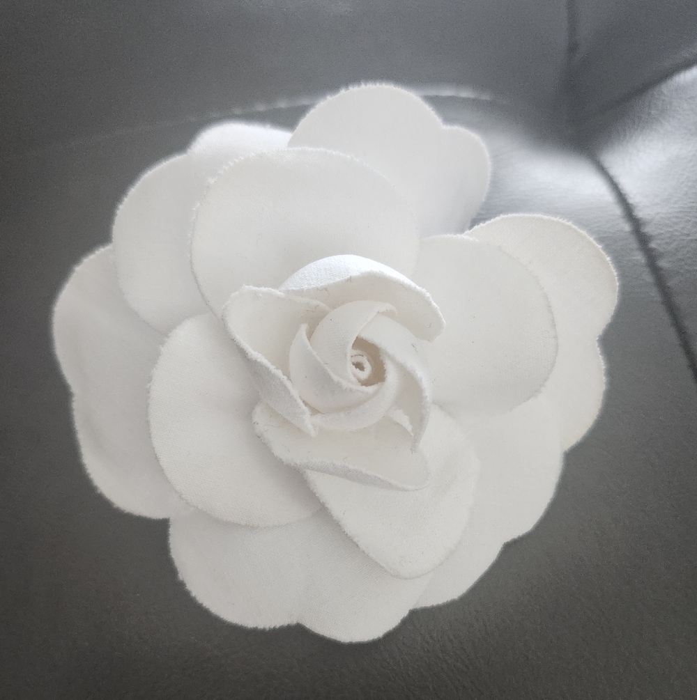 Vintage Chanel White Cotton Linen Camellia Brooch